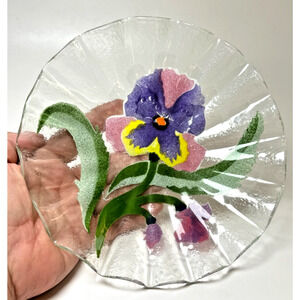 Sydenstricker 8" Fused Art Glass Ruffled Bowl Trinket Dish Signed Purple Pansy